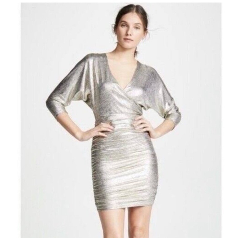 Alice + Olivia Pace Silver Metallic Batwing Ruched Mini Dress 4